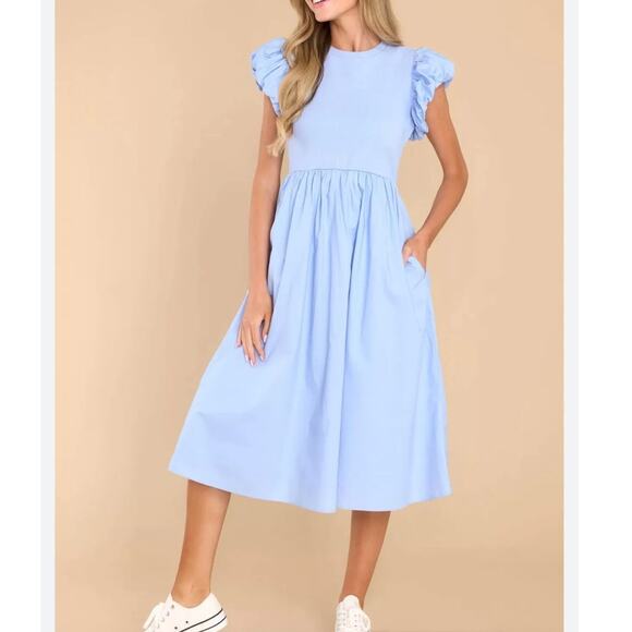English Factory Puff Sleeve Midi Dress L Powder Blue Ribbed Bodice EUC - Picture 1 of 9